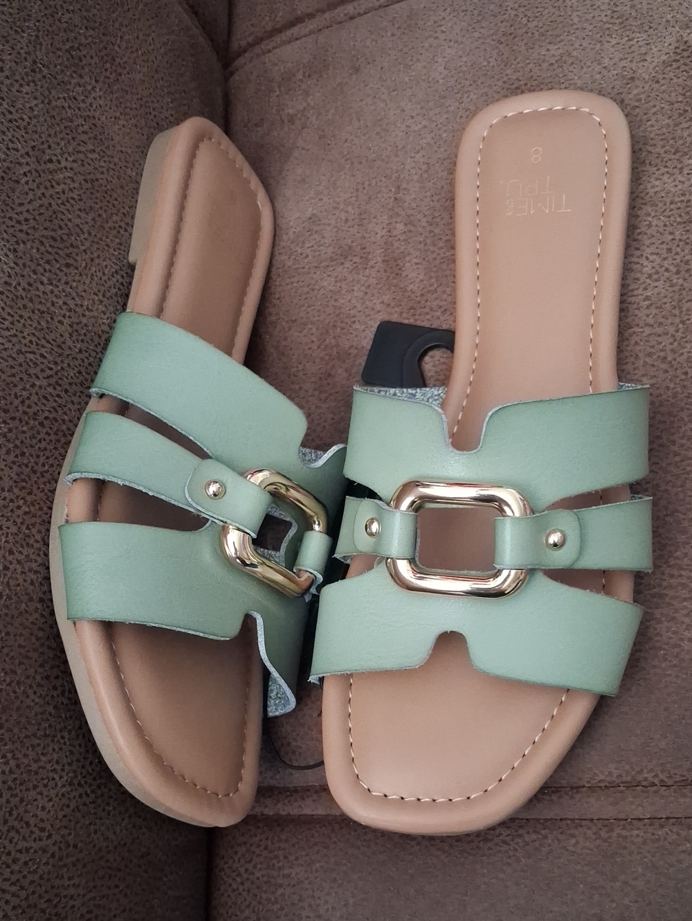 Time And Tru Sage Green Embellished Slide Sandals with Gold Buckle Size 8